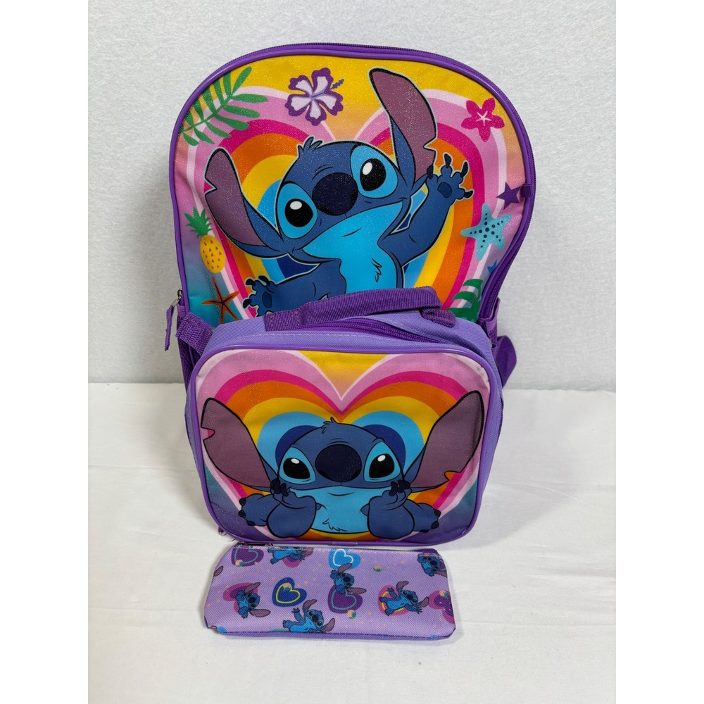 Disney Lilo & Stitch Purple Backpack with Lunch Box and Pencil Case 3 Piece Set